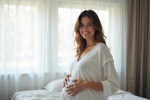 photo of pregnant woman with white curtain in background,
