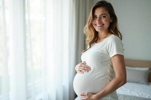 photo of pregnant woman with white curtain in background,