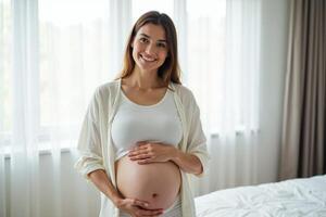 photo of pregnant woman with white curtain in background,
