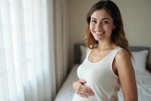 photo of pregnant woman with white curtain in background,