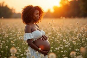 photo of pregnant woman standing in flower meadow field in sunset evening,