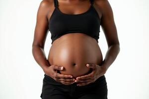 photo of close up shot pregnant woman on white background,