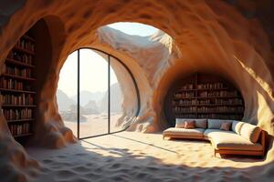 photo of concept library room inside giant stone and cave with nature sand desert in background,