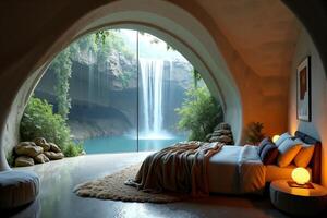 photo of concept bedroom inside giant stone and cave with nature sea and waterfall in background,