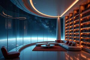 photo of concept swimming room inside spaceship and outer space in background,