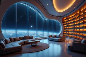 photo of concept swimming room inside spaceship and outer space in background,