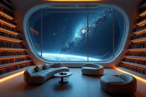 photo of concept swimming room inside spaceship and outer space in background,
