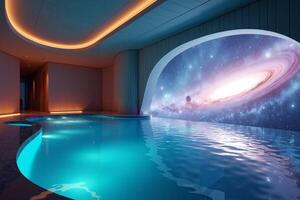 photo of concept swimming room inside spaceship and outer space in background,