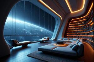 photo of concept swimming room inside spaceship and outer space in background,