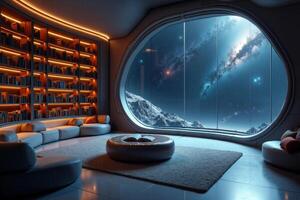 photo of concept swimming room inside spaceship and outer space in background,