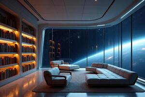 photo of concept swimming room inside spaceship and outer space in background,
