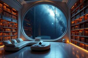 photo of concept swimming room inside spaceship and outer space in background,