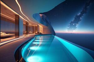 photo of concept swimming room inside spaceship and outer space in background,