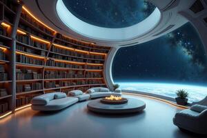 photo of concept swimming room inside spaceship and outer space in background,