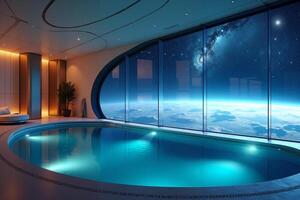 photo of concept swimming room inside spaceship and outer space in background,