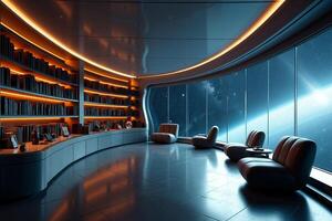 photo of concept swimming room inside spaceship and outer space in background,