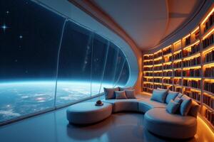 photo of concept swimming room inside spaceship and outer space in background,