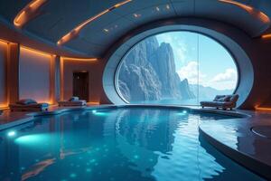 photo of concept swimming room inside spaceship and outer space in background,