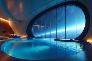 photo of concept swimming room inside spaceship and outer space in background,