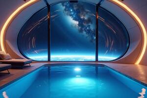 photo of concept swimming room inside spaceship and outer space in background,
