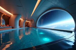 photo of concept swimming room inside spaceship and outer space in background,