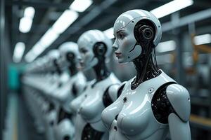 photo of factory line production of strong clean brand new robot Cyborg in a row,