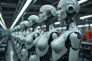 photo of factory line production of strong clean brand new robot Cyborg in a row,