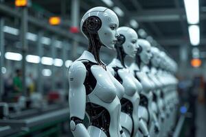 photo of factory line production of strong clean brand new robot Cyborg in a row,