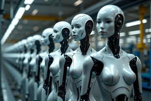 photo of factory line production of strong clean brand new robot Cyborg in a row,