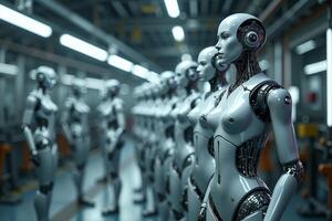 photo of factory line production of strong clean brand new robot Cyborg in a row,