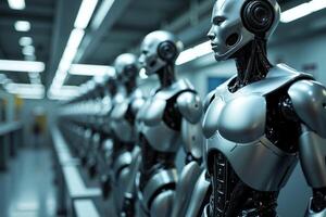 photo of factory line production of strong clean brand new robot Cyborg in a row,