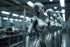 photo of factory line production of strong clean brand new robot Cyborg in a row,
