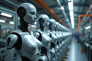photo of factory line production of strong clean brand new robot Cyborg in a row,