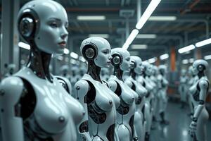 photo of factory line production of strong clean brand new robot Cyborg in a row,