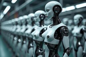 photo of factory line production of strong clean brand new robot Cyborg in a row,
