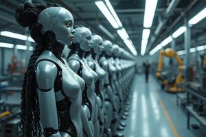 photo of factory line production of strong clean brand new robot Cyborg in a row,
