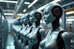 photo of factory line production of strong clean brand new robot Cyborg in a row,
