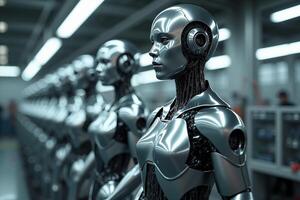 photo of factory line production of strong clean brand new robot Cyborg in a row,