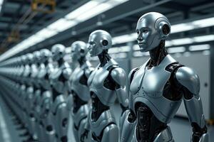 photo of factory line production of strong clean brand new robot Cyborg in a row,