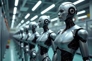 photo of factory line production of strong clean brand new robot Cyborg in a row,