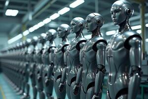 photo of factory line production of strong clean brand new robot Cyborg in a row,