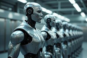 photo of factory line production of strong clean brand new robot Cyborg in a row,