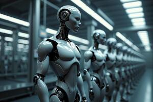 photo of factory line production of strong clean brand new robot Cyborg in a row,