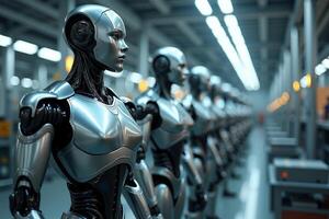 photo of factory line production of strong clean brand new robot Cyborg in a row,
