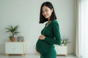 photo of happy pregnant woman standing and posing for picture at her room,