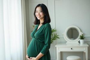 photo of happy pregnant woman standing and posing for picture at her room,