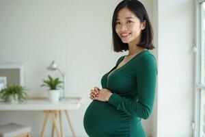 photo of happy pregnant woman standing and posing for picture at her room,