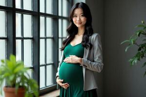 photo of happy pregnant woman standing and posing for picture,