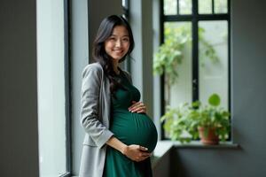 photo of happy pregnant woman standing and posing for picture,