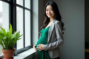 photo of happy pregnant woman standing and posing for picture,